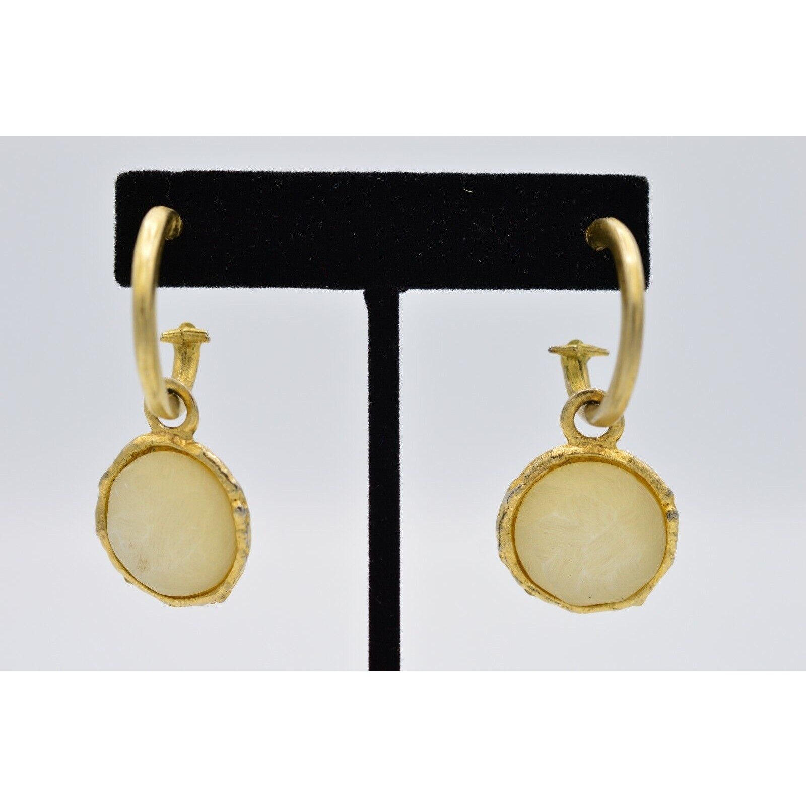 Vintage Cabochon Earrings Brushed Gold Dangle Frosted Milky Bead 1980s BinAA