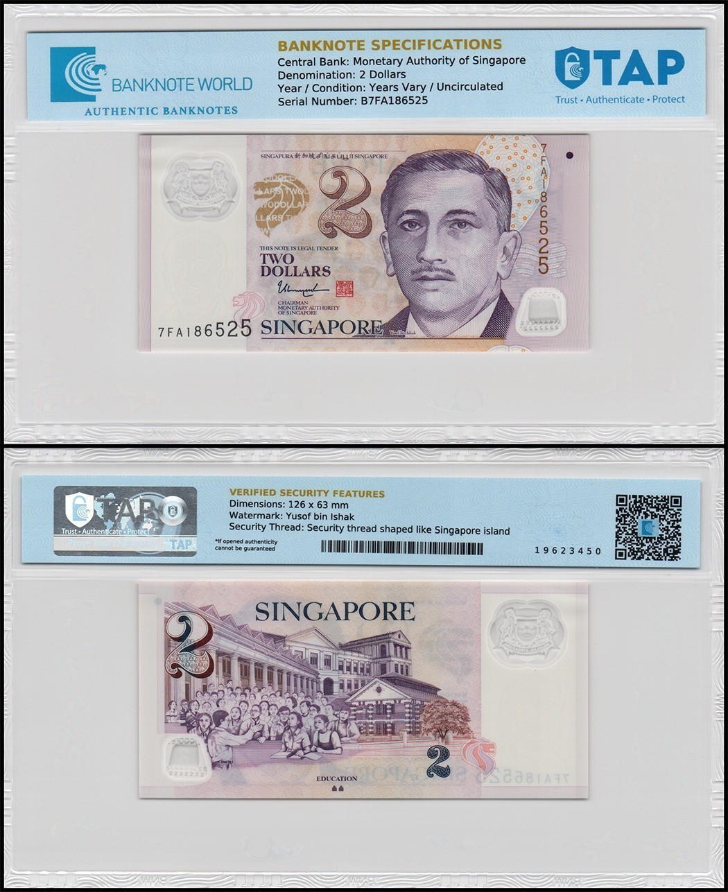 Singapore 2 Dollars, 2006-2024 ND, P-46o, UNC, Polymer, TAP Authenticated