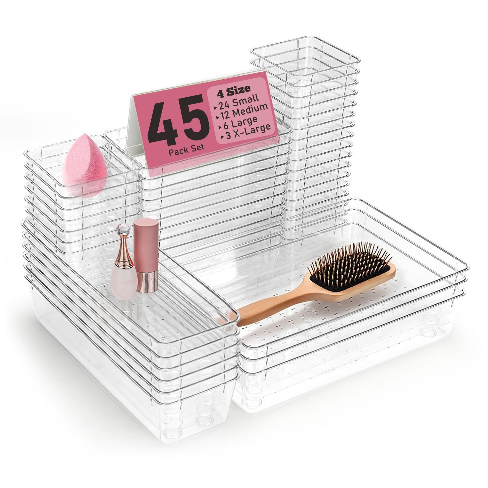 Clear Plastic Drawer Organizers Set of 45 Vanity Organizers Stackable Storage...