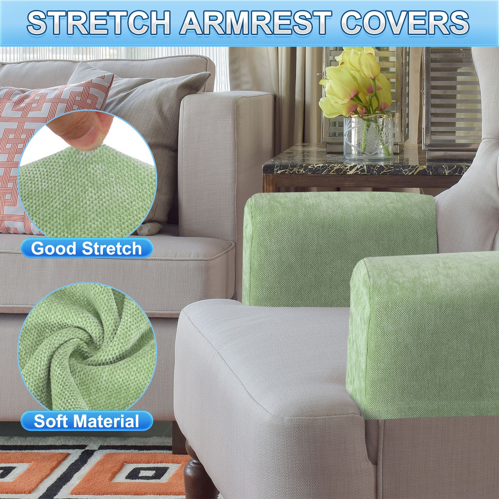 2Pcs Stretch Armrest Covers, Chenille Armchair Slipcovers, Green
