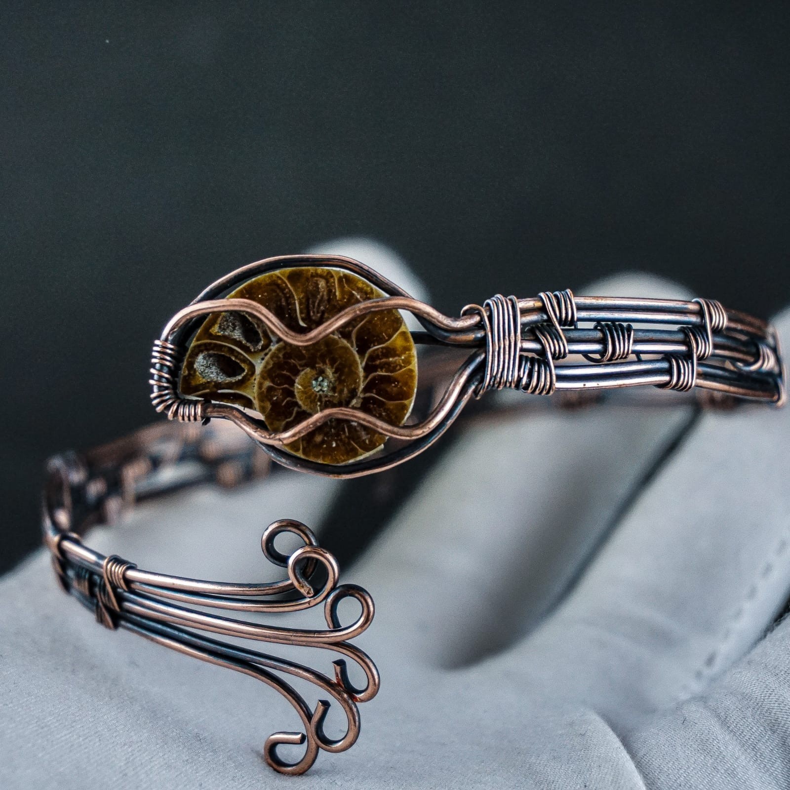 Ammonite Fossil Copper Wire Wrapped Cuff Bracelet Handmade Boho Artisan Bangle