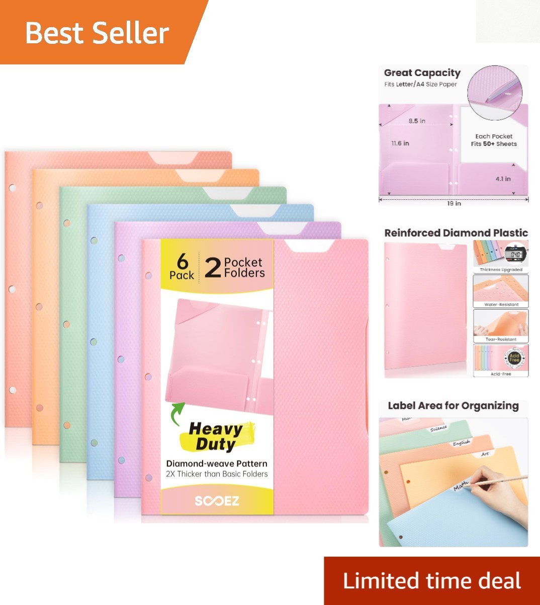 6 Pack Heavy Duty Plastic 2-Pocket Folders with Writable Top Tab - Pastel Colors