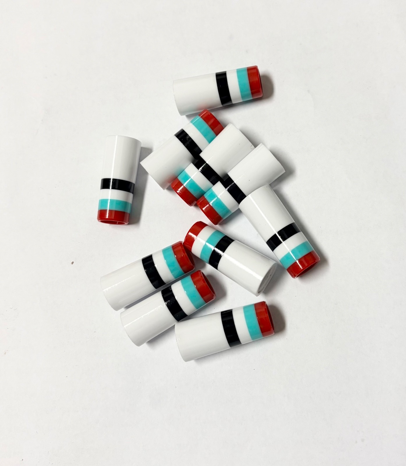 Custom ferrules white w teal, red and black rings .355 x 1.1875" 10 pack