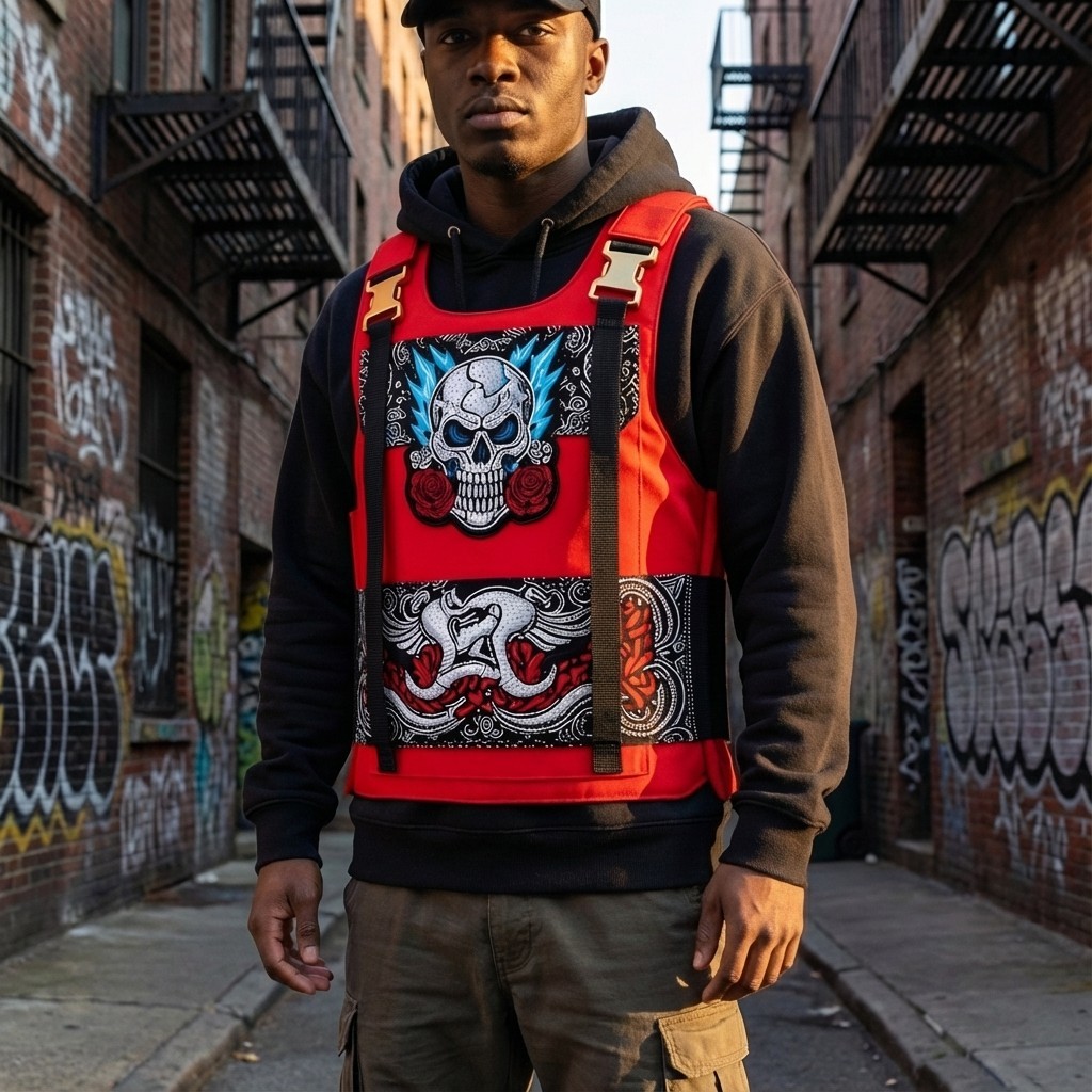 Fashion-Forward Rose Skull Tactical Vest: Hip-Hop Streetwear Rap Styling