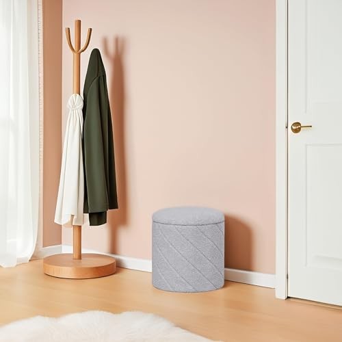 Ottoman with Stroage, Boucle Round Storage 12.99x12.99x13.78 inches Grey