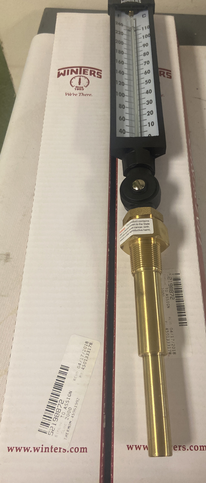Winters,TIM100-6,Thermometer Analog 30-240 Deg 3/4 IN NPT 9 IN Length  Lot of 2