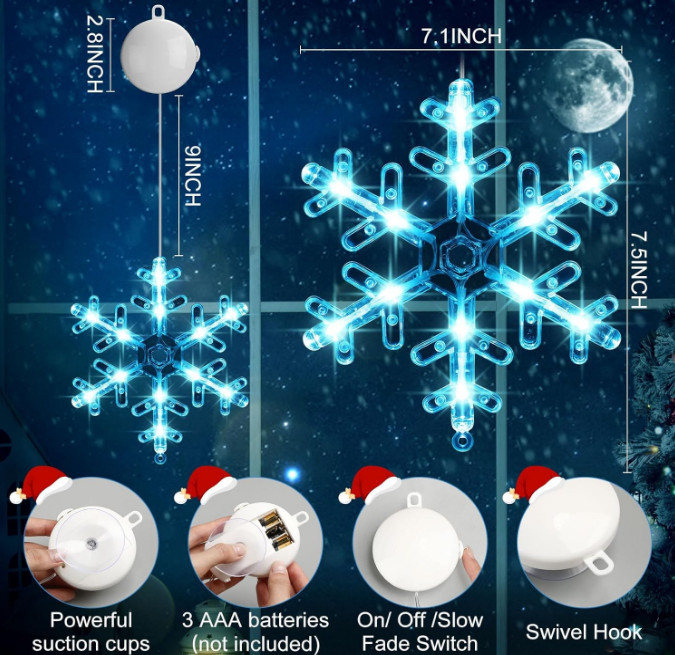 Tujoe 10 Pcs Christmas Window Lights Decorations w/ Timer Snowflake, Blue