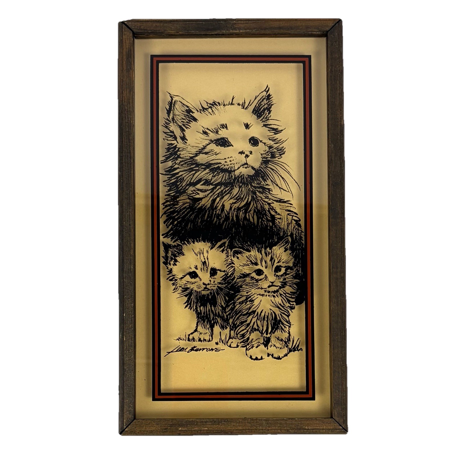 Vintage Leon Burrows Reverse Painting on Glass Cat & Kitten Signed Art Framed