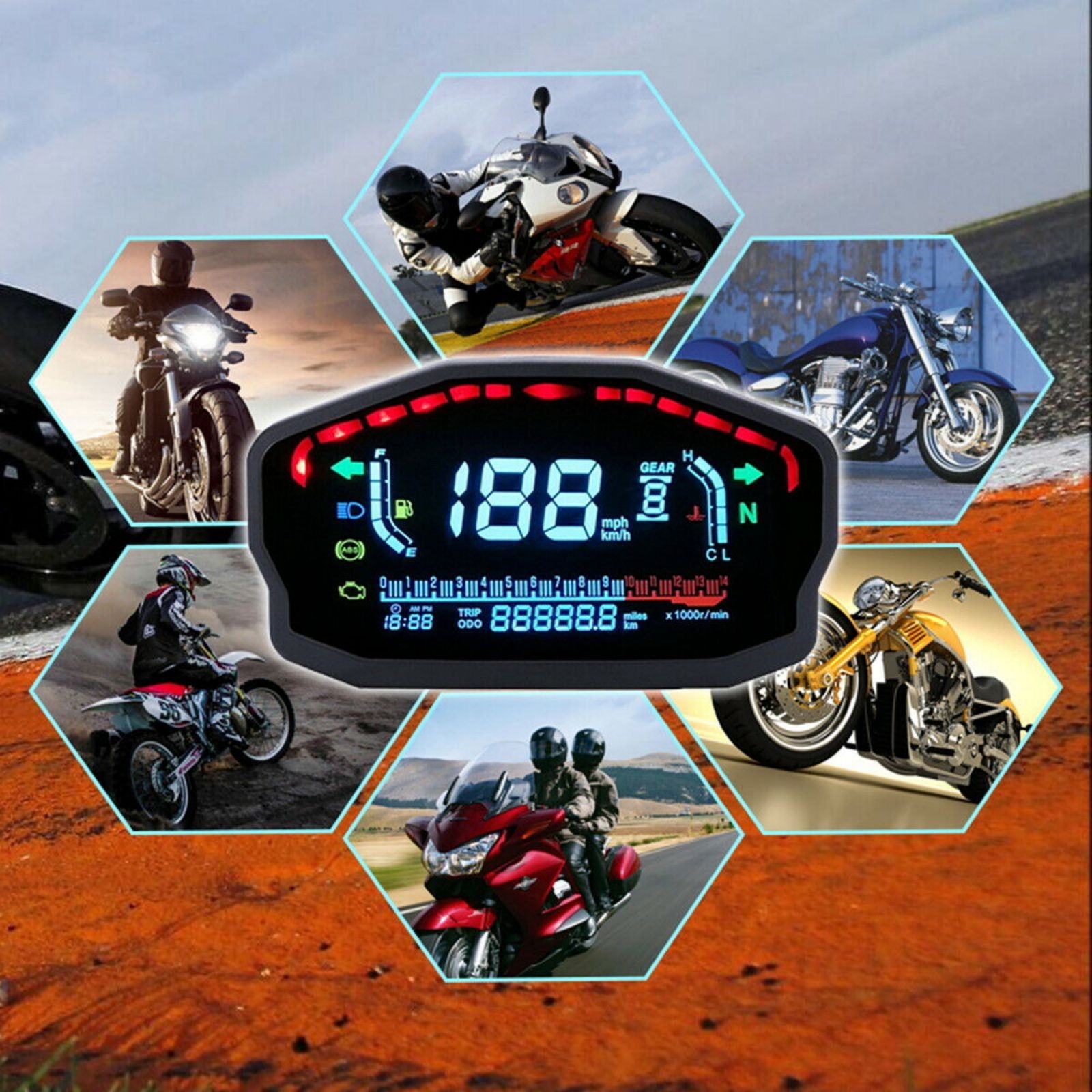 LCD Digital Motorcycle Speedometer Odometer Tachometer KM/H Gauge Universal