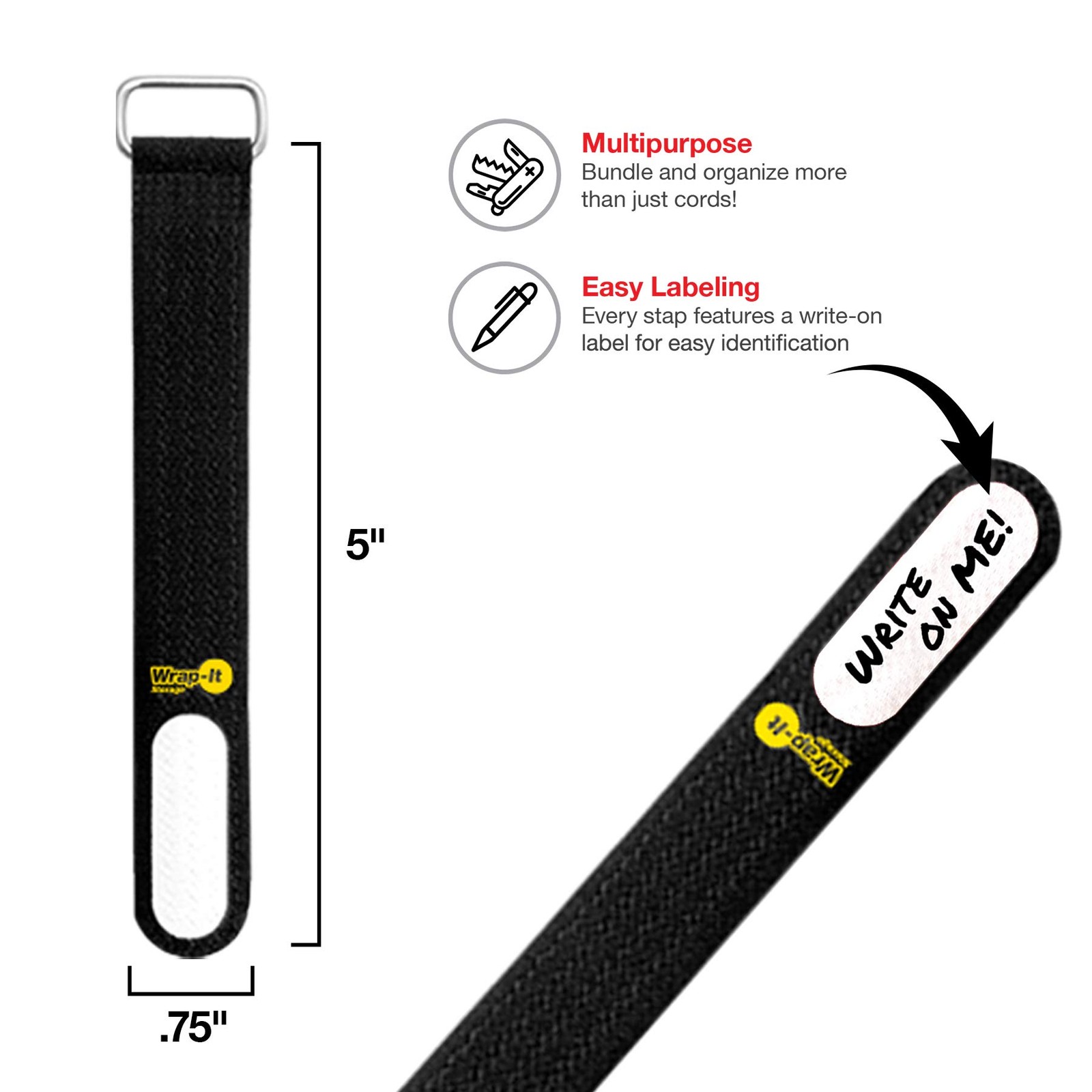 Cinch-Straps, 5-in (20-Pack) Black - Hook and Loop Strap with Write on Label ...
