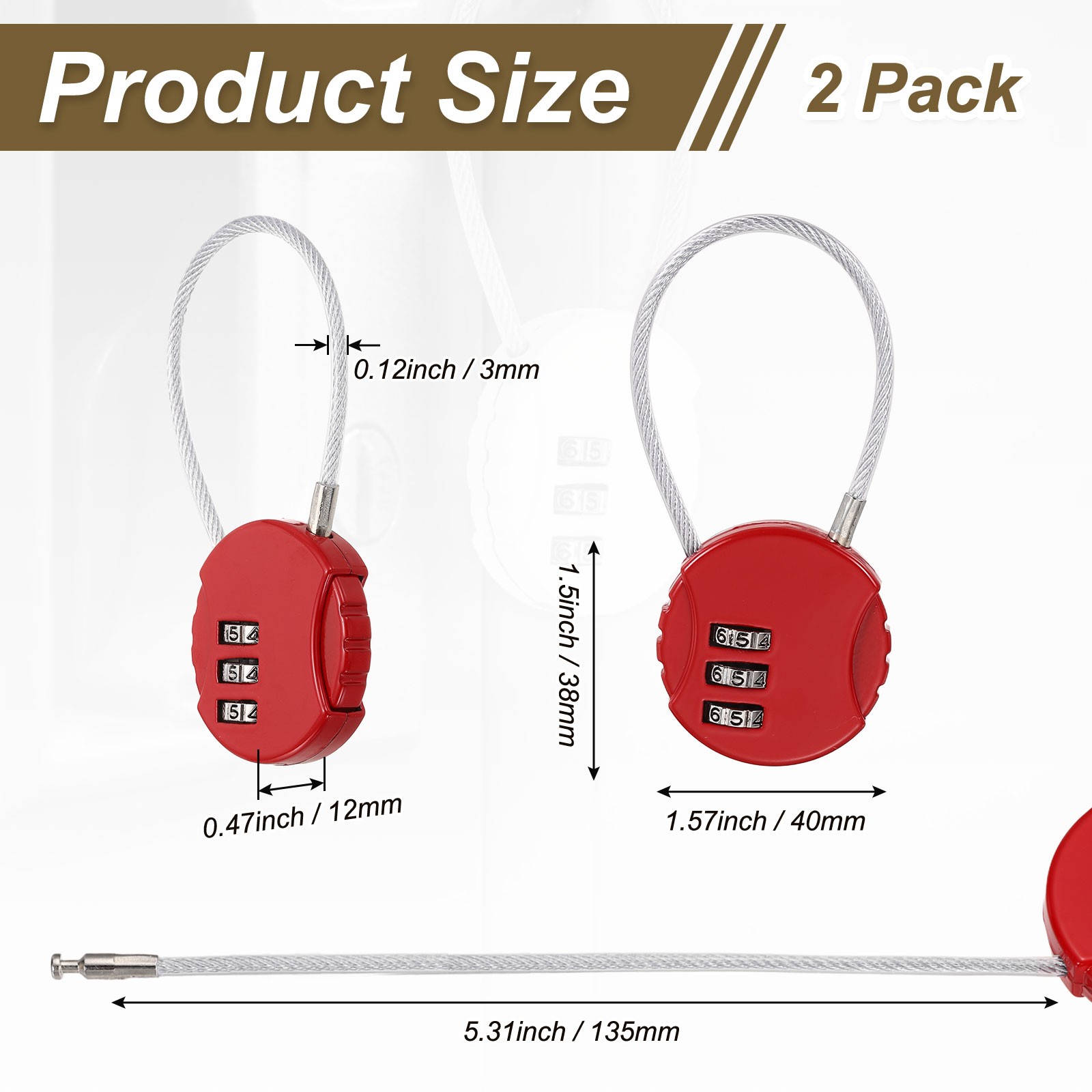 2-Pack Combination Padlock, 3 Digit Round Shaped Cable Luggage Lock [Red]