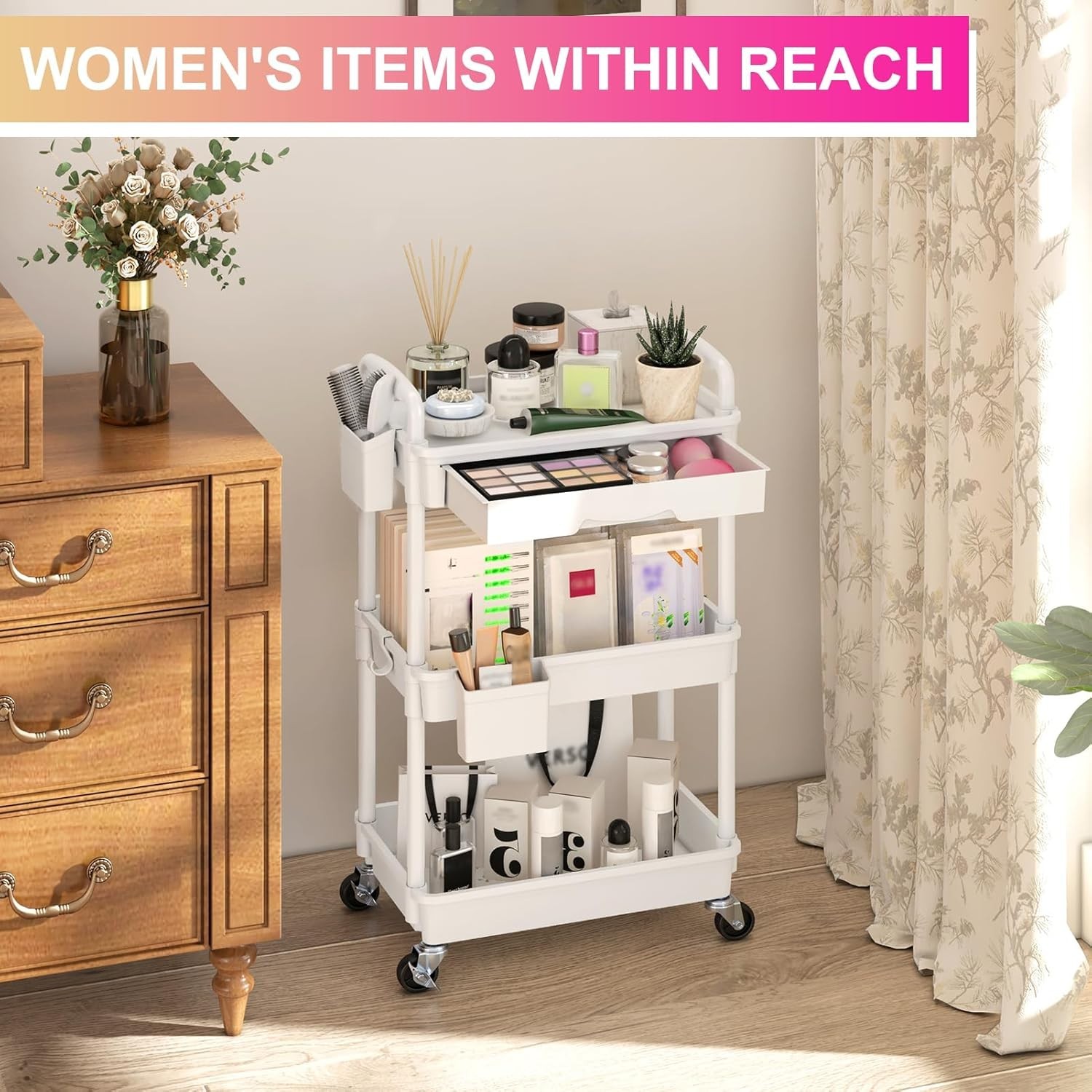 Maximize Storage: 3-Tier Rolling Organizer Cart with Dustproof Drawer & Wheels