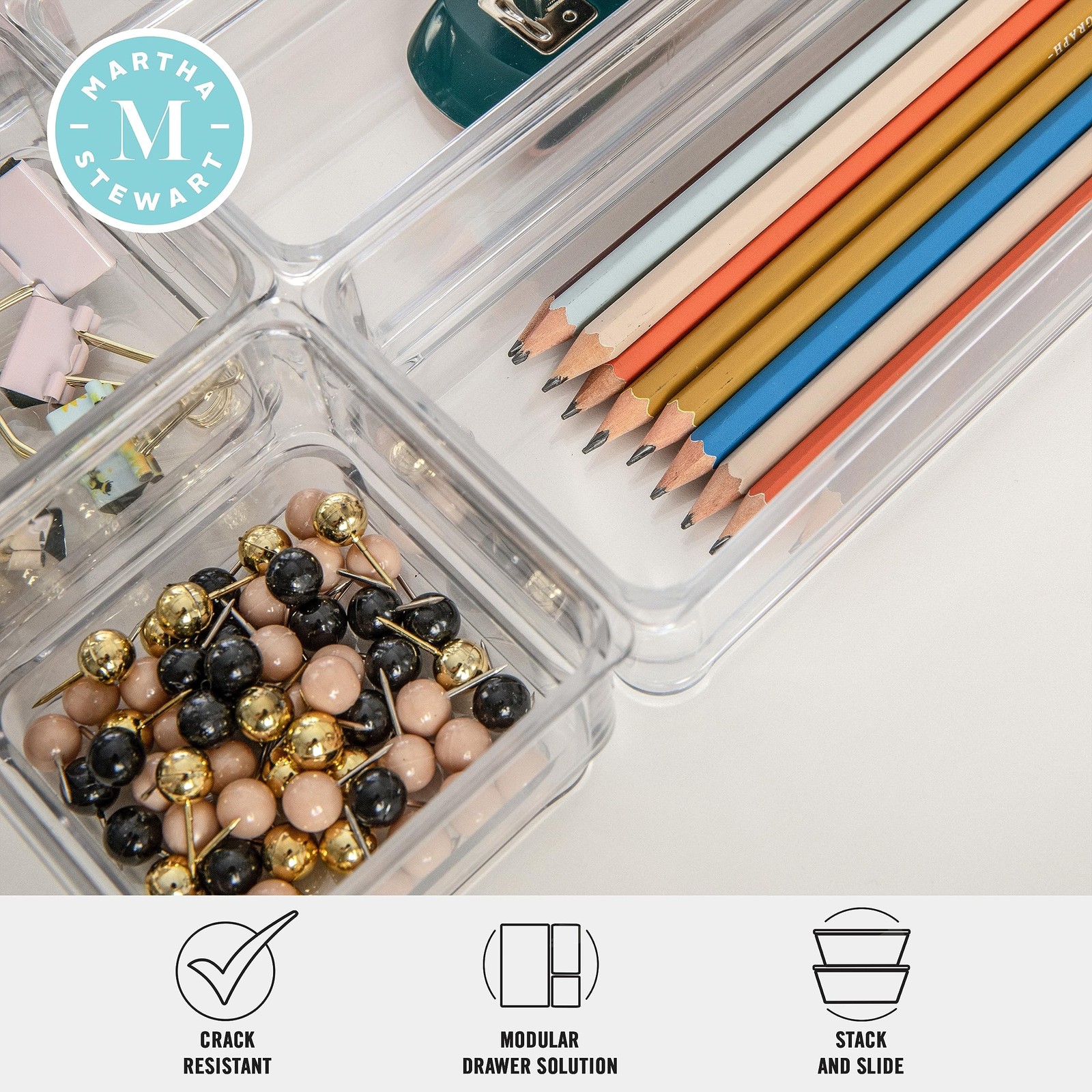 Martha Stewart Miles Stackable Desk Drawer Organizers, Clear, 6-Pack
