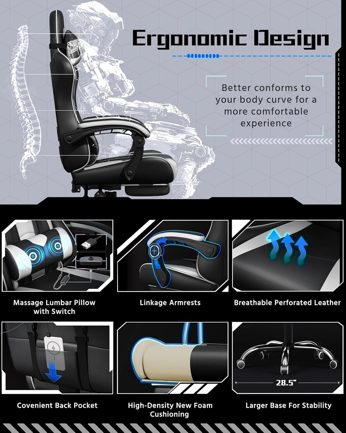 Gaming Chair Video Game Chair W/ Massage Lumbar Support & Footrest Height