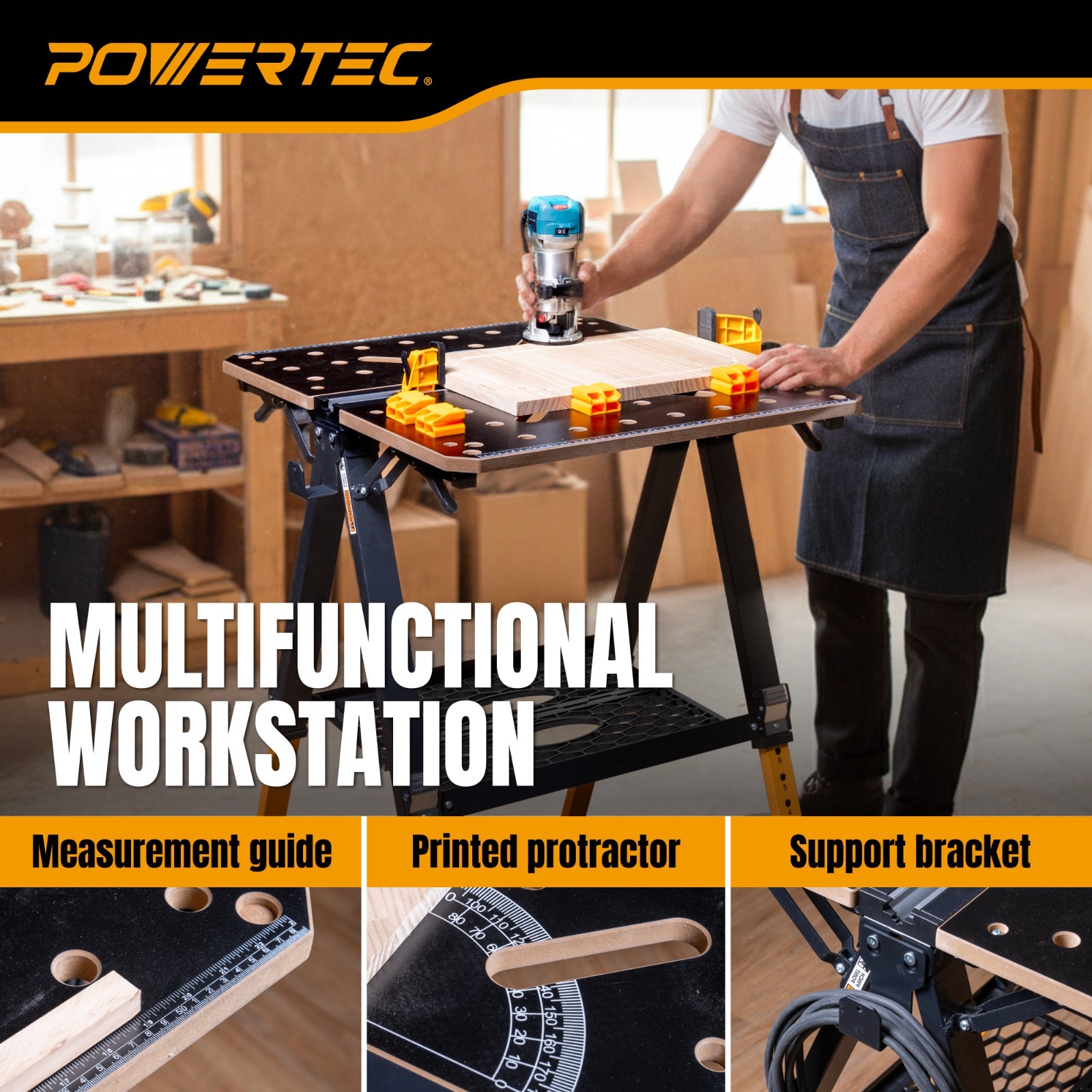 POWERTEC 2-in-1 Folding Work Table & Sawhorse 1000lb Capacity Portable Workbench