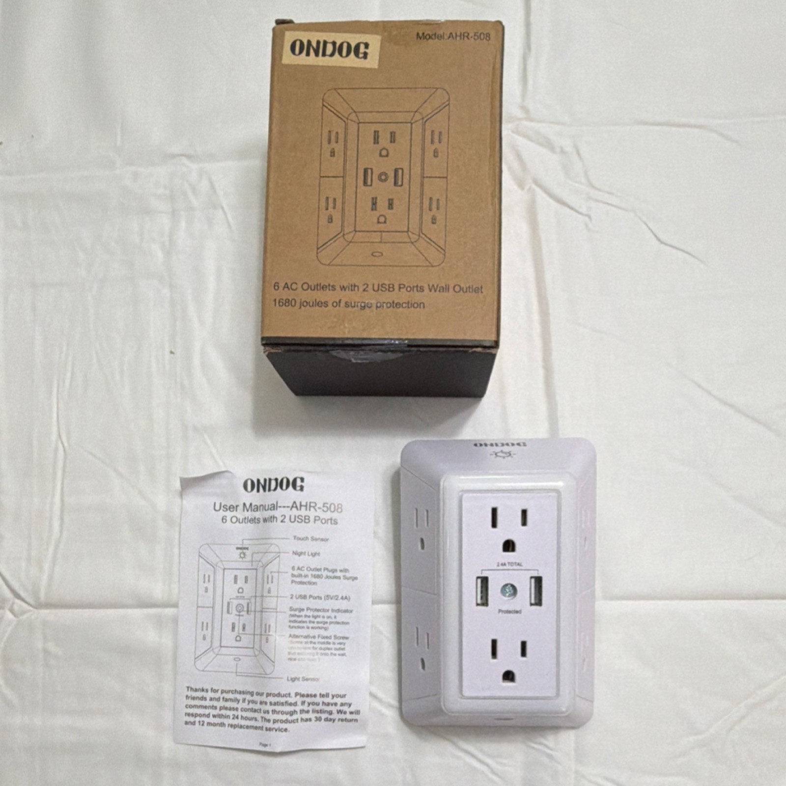 ONDOG AHR-508 6 AC Outlets, 2 USB Ports, 1680J Surge Protector, Night Light