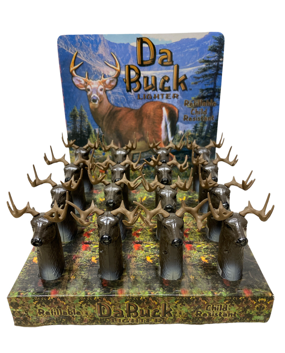 16 New Da Buck Refillable Metal Lighter with Hunters Display