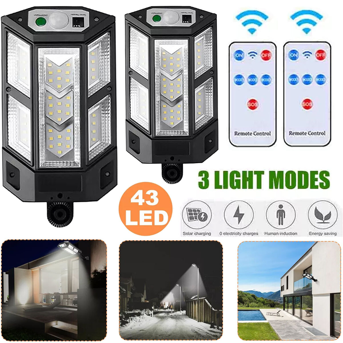 2 pcs 43LED Solar Street Light Commercial Dusk To Dawn Outdoor Road Wall Lamp