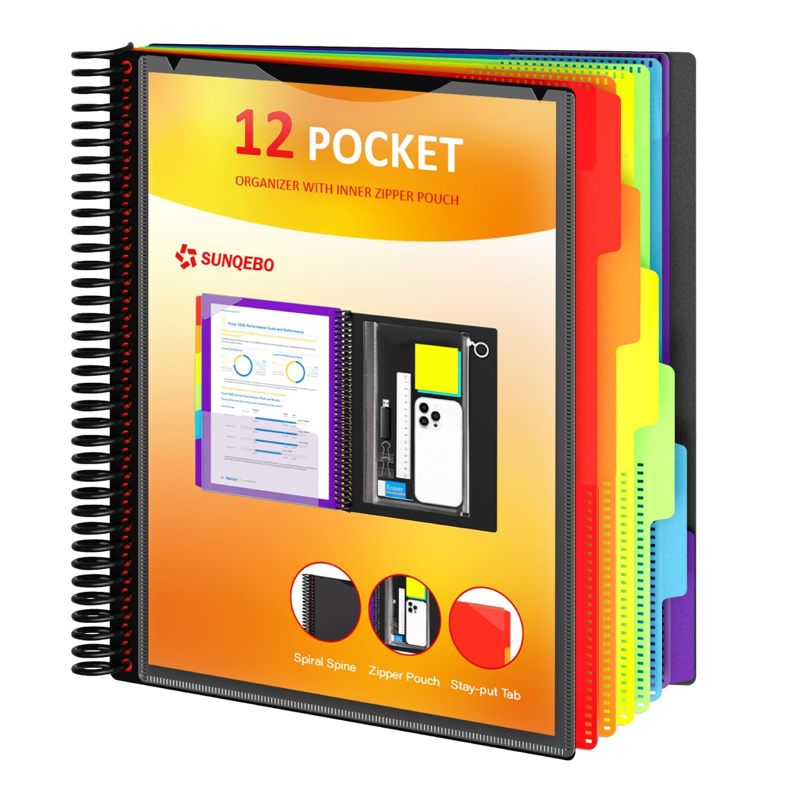 12 Pocket Project Organizer, 6 Colors Folders Binder with Dividers, Black