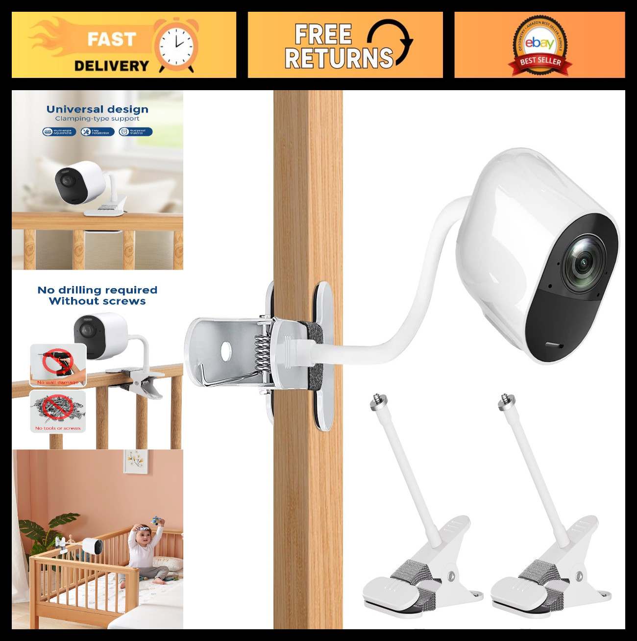2Pack Flexible Gooseneck Clamp Mount for Arlo Cameras - No Tools, Wall Damage Fr