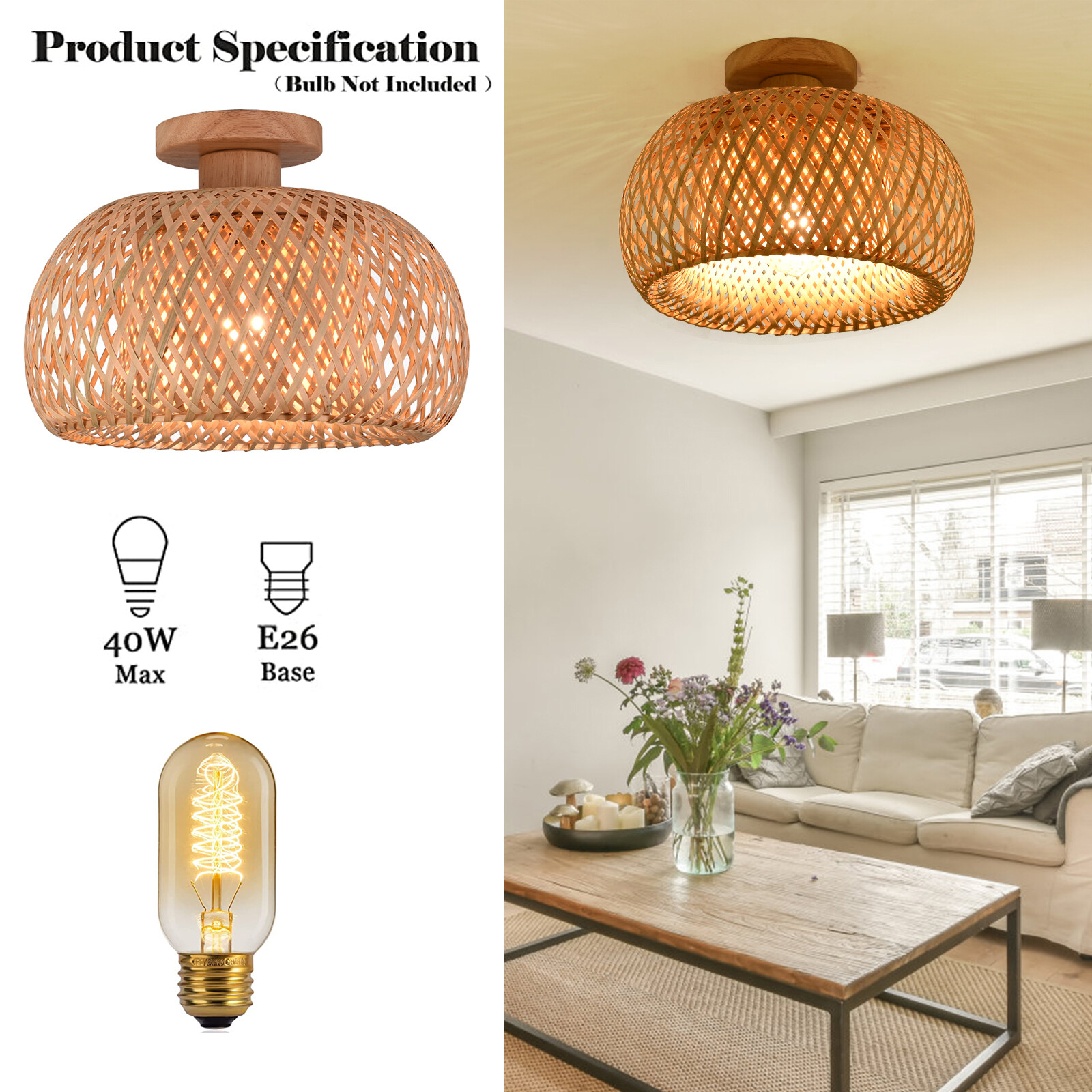 110V E26 Ceiling Light Semicircle Bamboo Pendant Light 60W Indoor Hanging Lamp