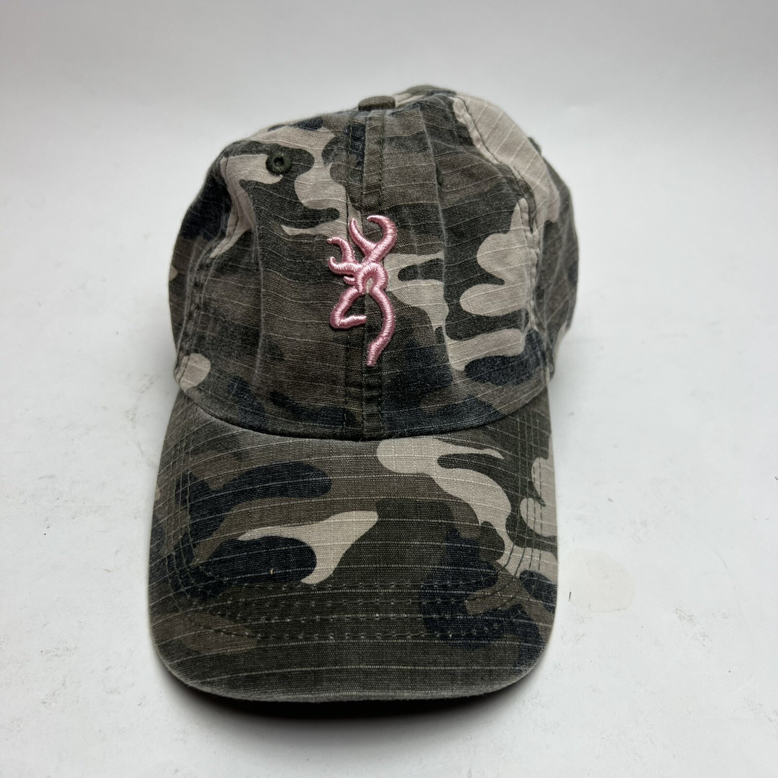 Browning Women’s Camo Baseball Hat Cap w/ Pink Deer Buck Logo Leather Strap EUC