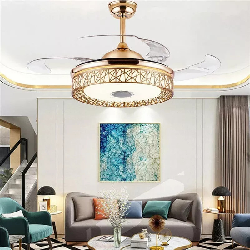 42" Gold Bluetooth Invisible Ceiling Fan Chandelier w/ LED LIght Speaker Remote