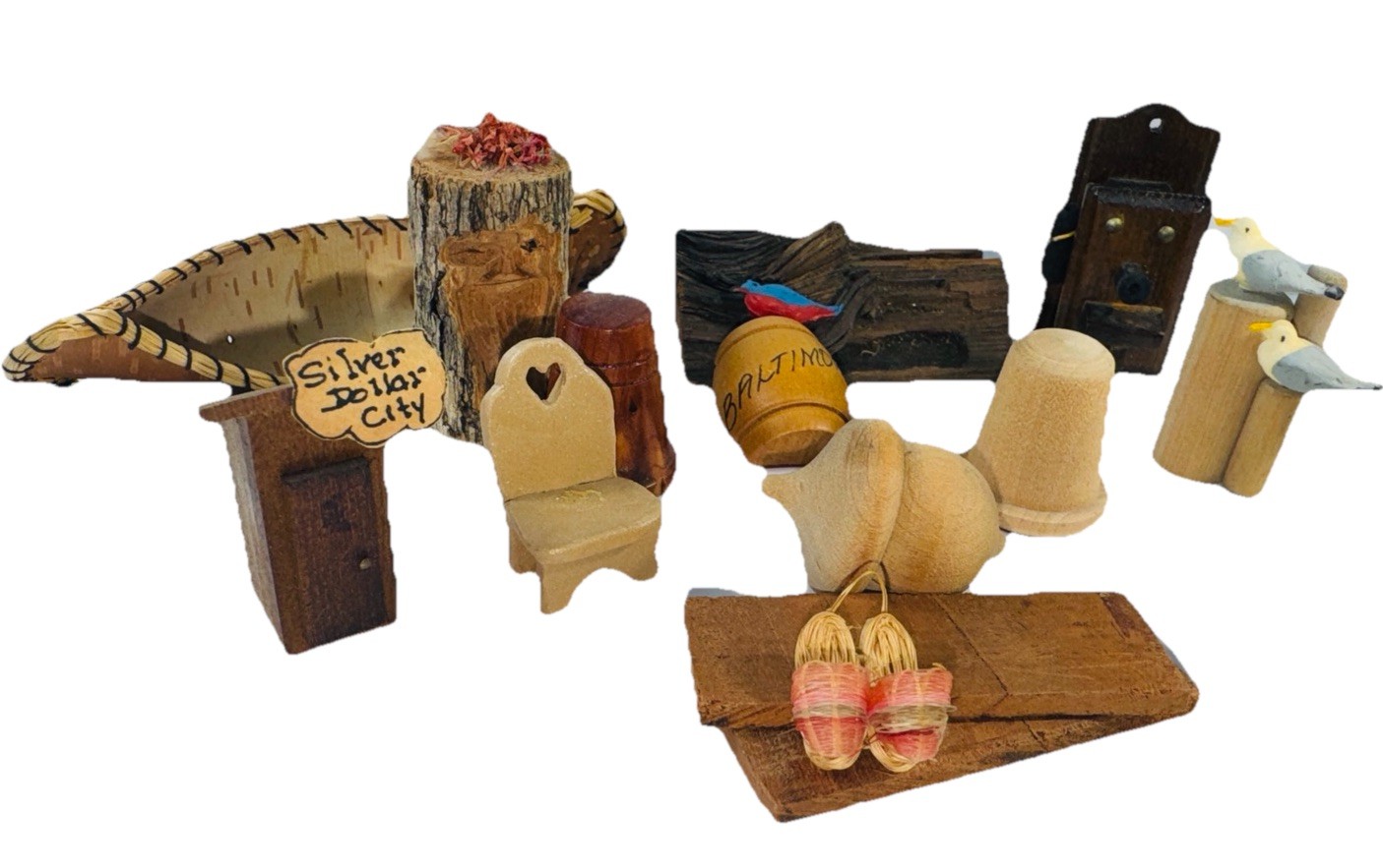 Vintage FOLK ART Lot Cottagecore Wood Miniatures Chair Birds Thimble Shelf Decor