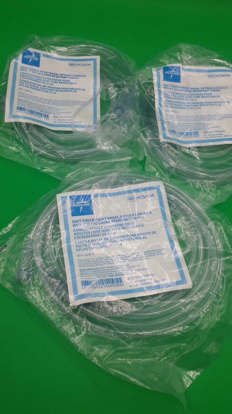 3 Pack Medline Soft-Touch Nasal Oxygen Cannula HCS4514 for Adults 7ft  2.1m Hose
