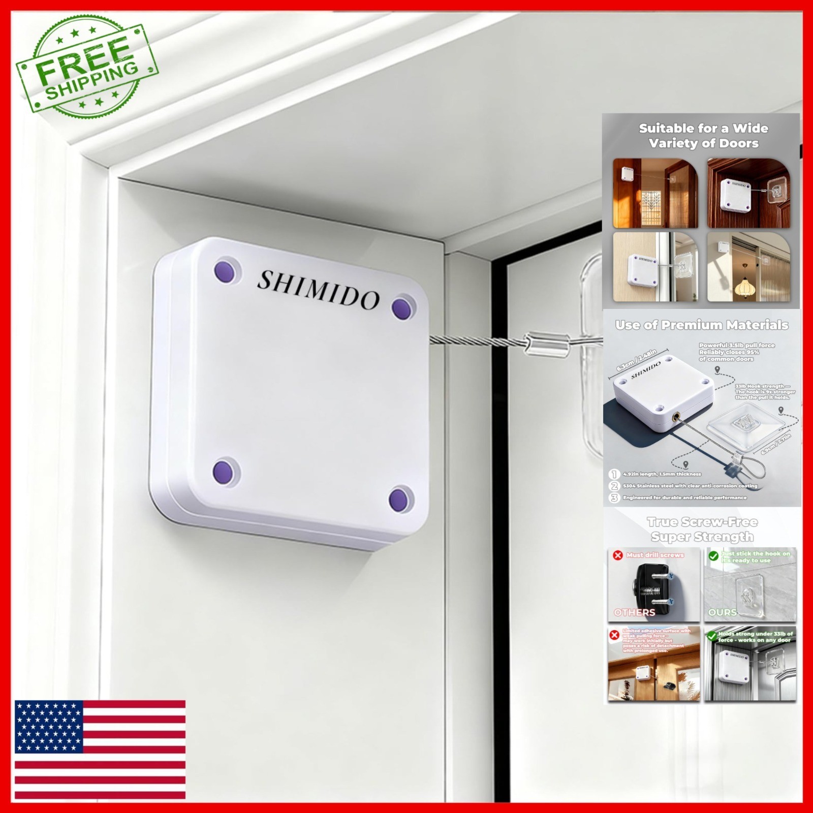 SHIMIDO Automatic Screen Door Closer 1000g Punch-Free White