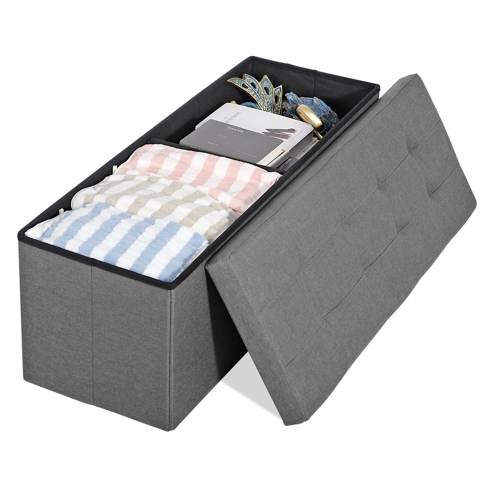 Folding 43" Gray Storage Ottoman Bench Foot Stools Toy Chest Box Footrest Home