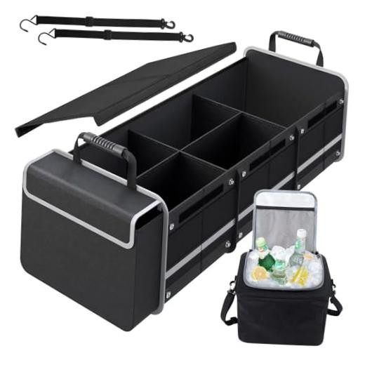 Car Trunk Organizer with Insulated Cooler Bag, Foldable & Black Grey