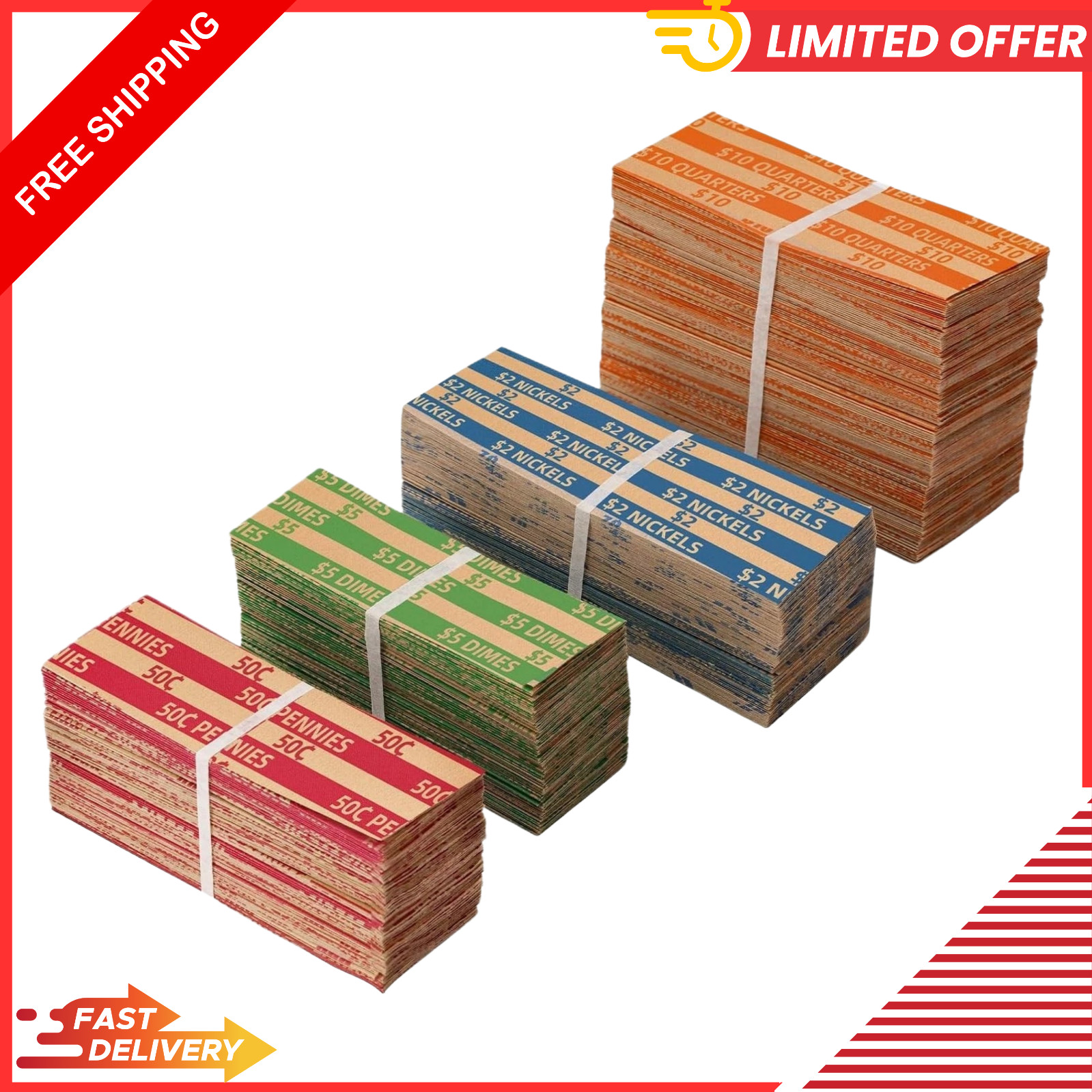 Coin Wrappers Assorted 500 Flat Stripped Roll for 500
