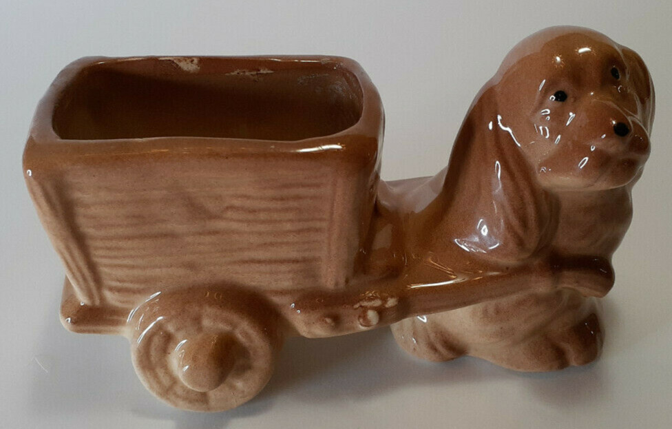 Vintage Pottery Dog Planter Pulling Wagon/Cart 5.75" x 3.5" Tan Glazed