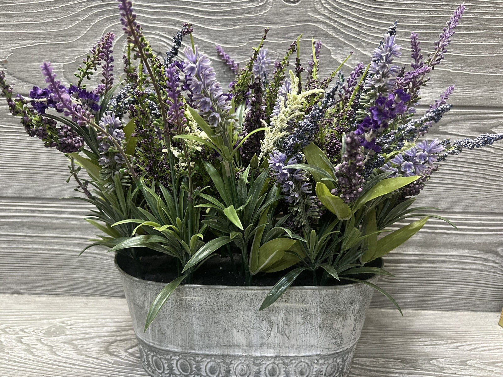 Faux Floral Lavender in Metal Planter Flower Arrangement Spring Cottagecore