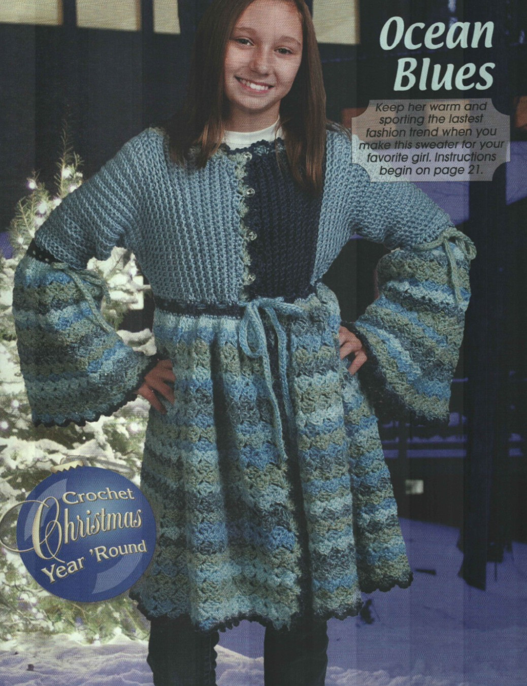 OCEAN BLUES EMPIRE SWEATER COAT 3 CHILD SIZES CROCHET PATTERN INSTRUCTIONS