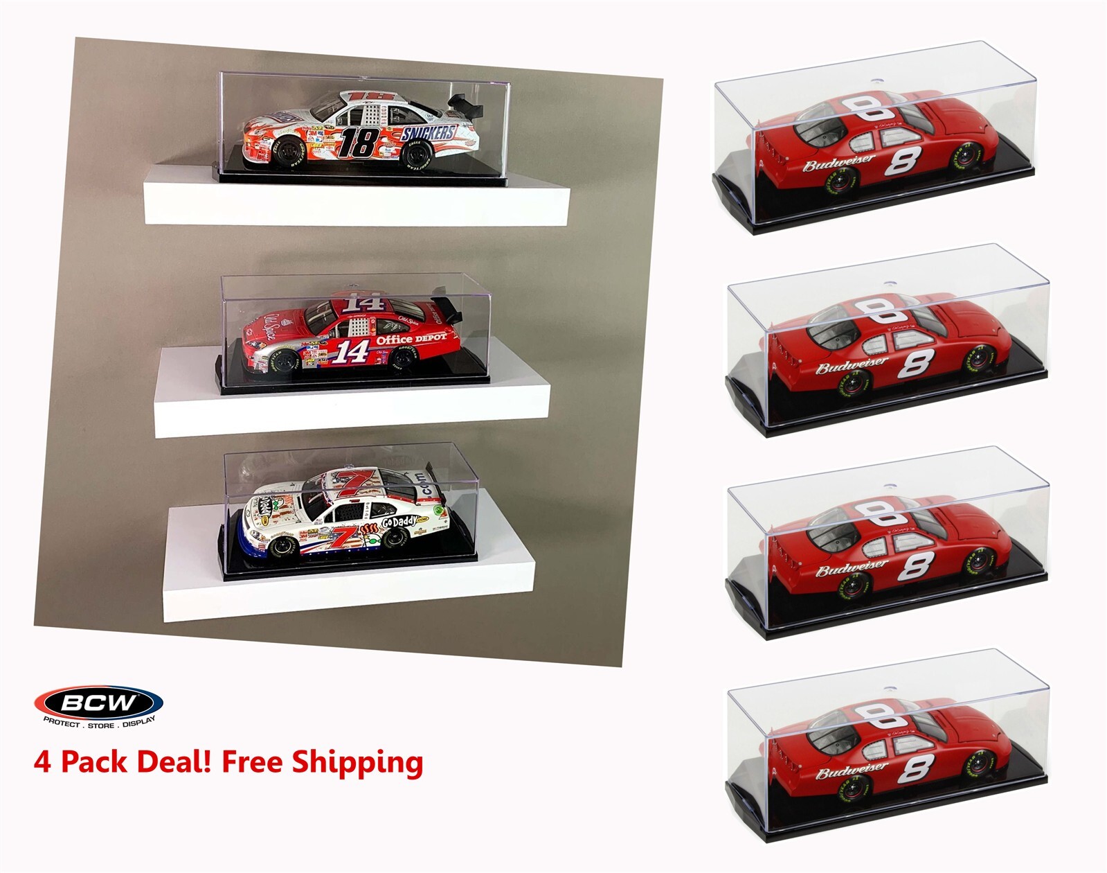4x BCW 1:24 Scale Car Display Case Holds NASCAR IRL CART Formula 1 Collectible