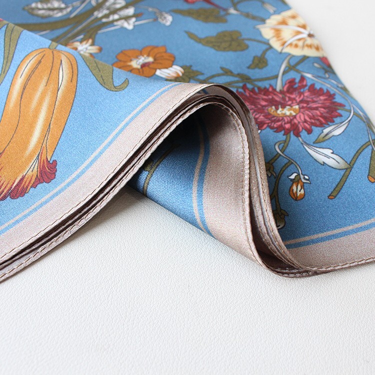 100% Silk Scarf Women Blue Flower Small Hand Neckerchief Wrap Bandana 53*53cm