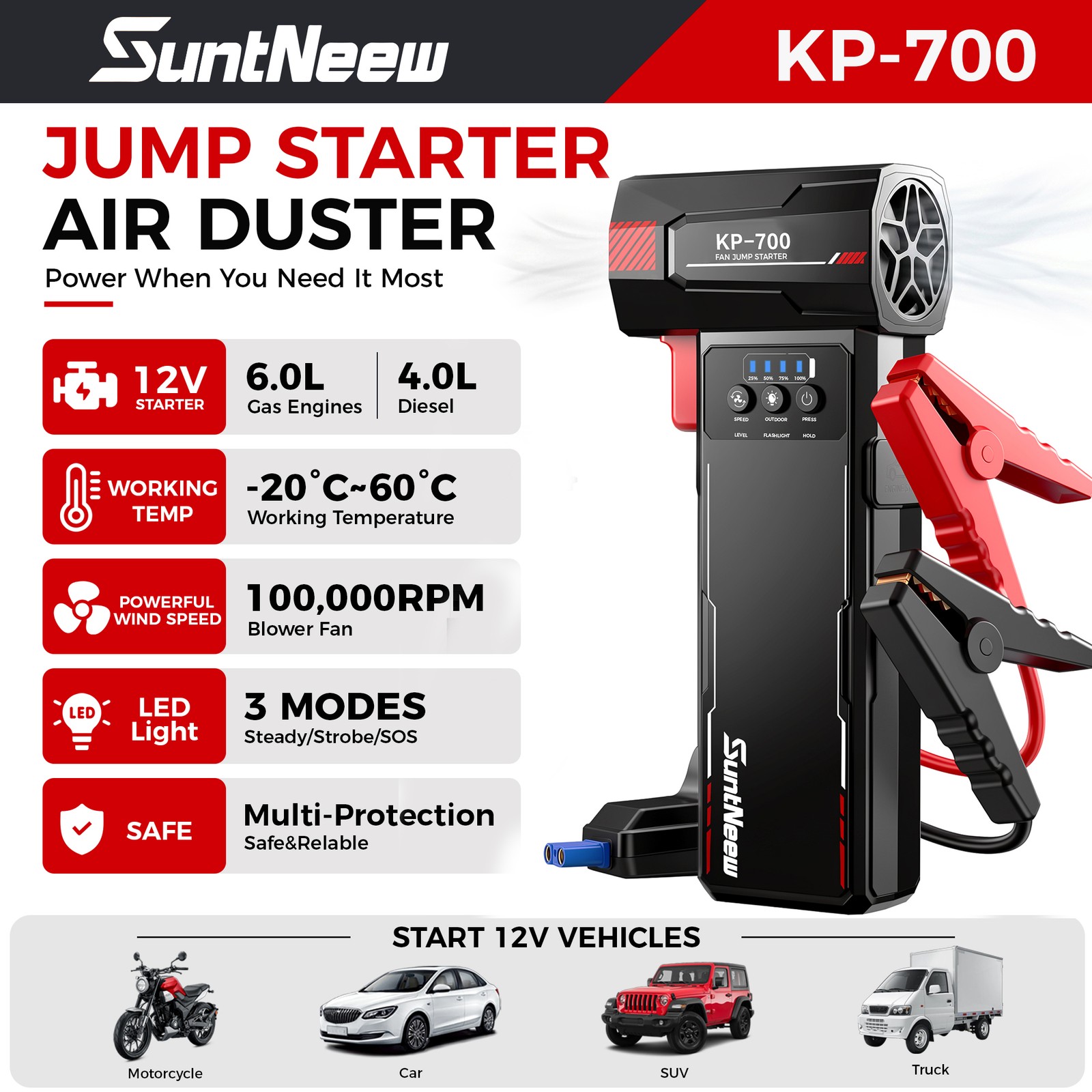Car Jump Starter with Air Fan Jumper Power Bank Car Battery