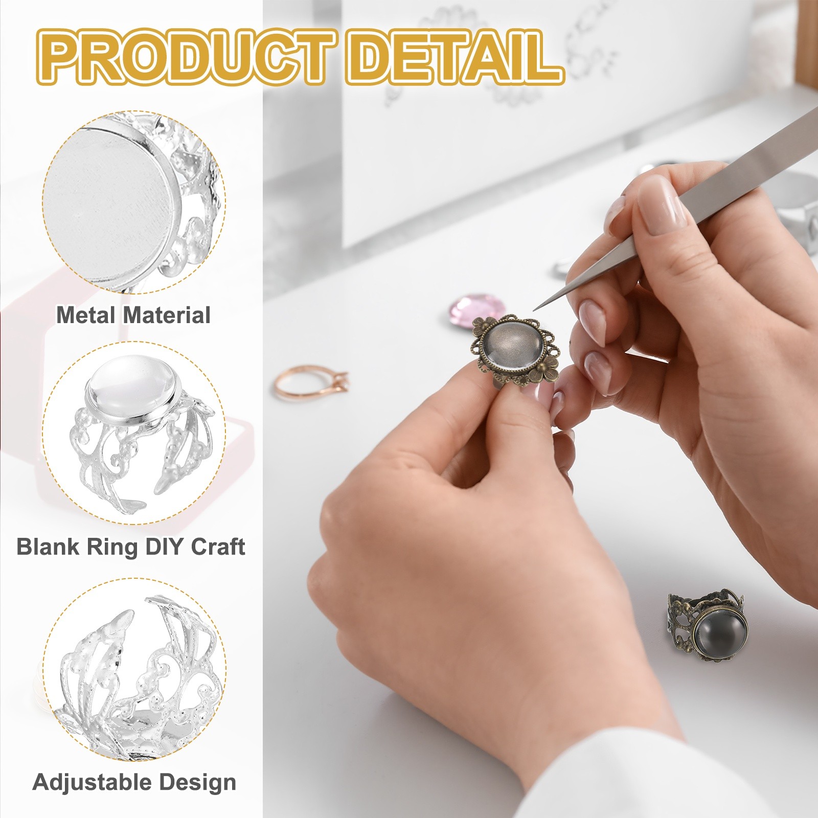 10Pcs Ring Base Blank, 12mm Ring Blank Base with 10Pcs Cabochon(Light Silver)