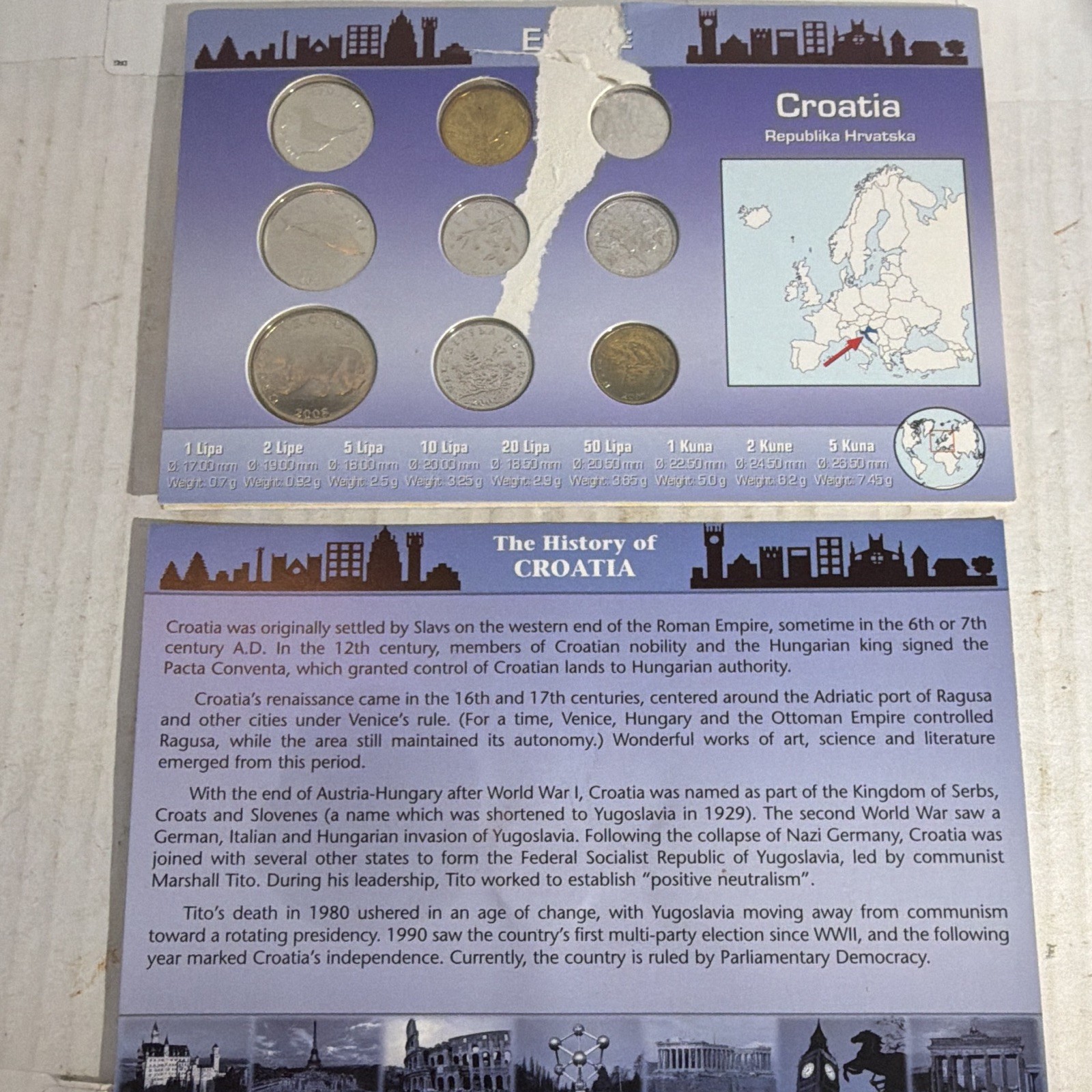 Croatia (Republika Hrvatska) Coin Set on Info Cards Lipa & Kuna Mixed Lot