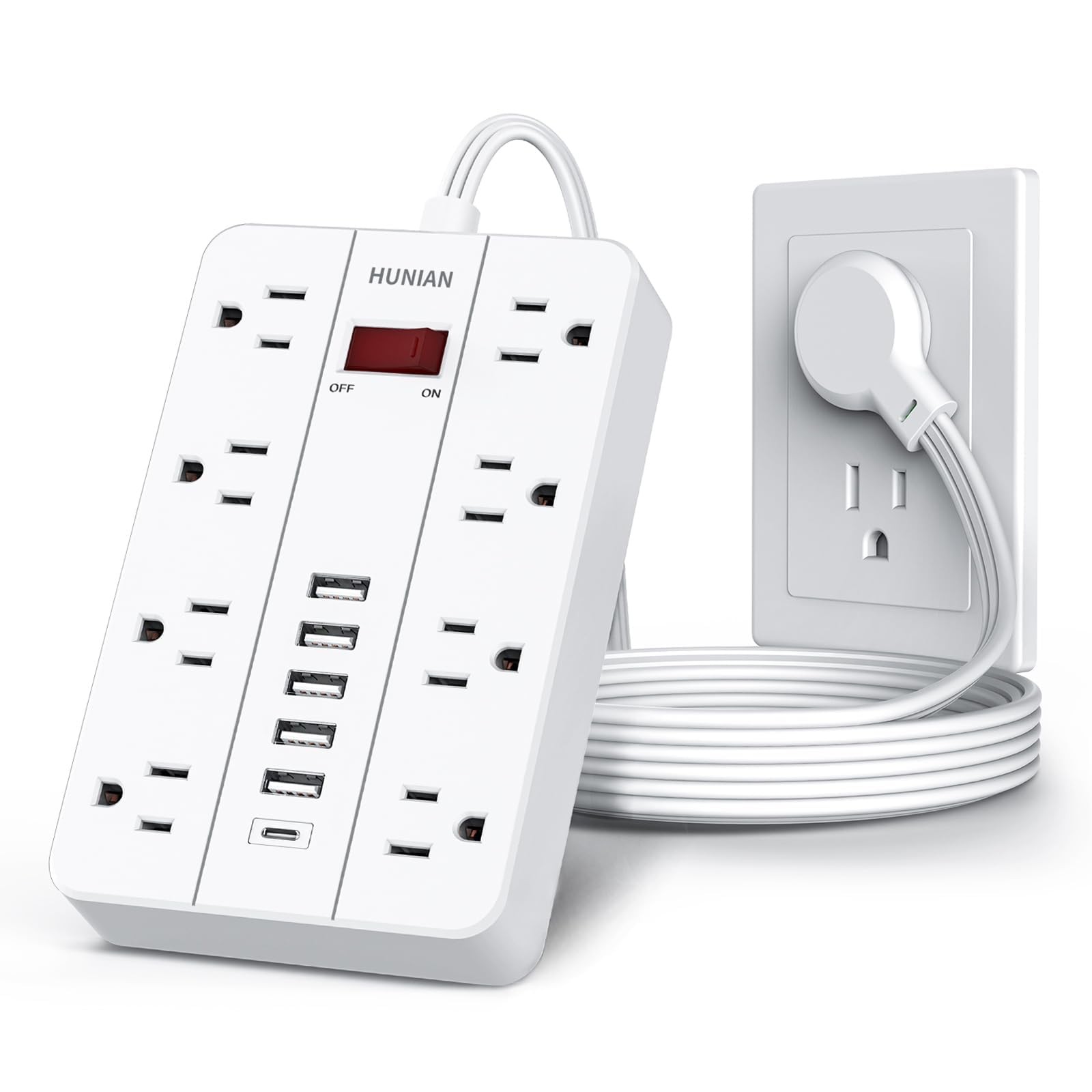 Power Strip with USB, Flat Plug Extension Cord Multiple Outlets 5 Ft, HUNIAN 8