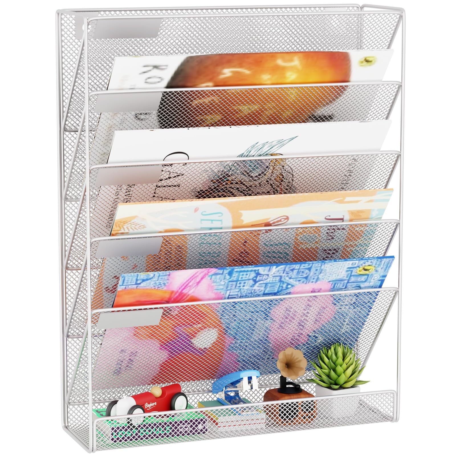 GDINDINFAN Wall File Organizer Holder Mesh Hanging Paper 6 Tier Ver.A, Silver