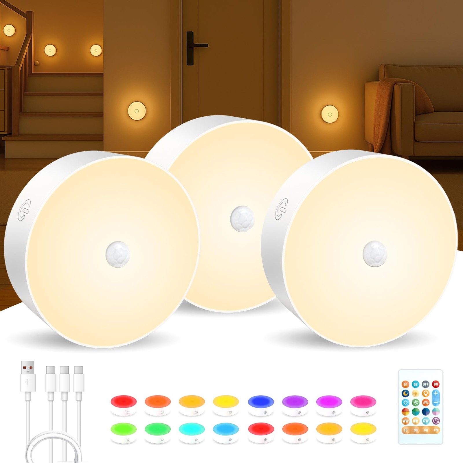 Rechargeable Under Cabinet Lights 3 Pack LED Puck Lights with Remote Dimmable