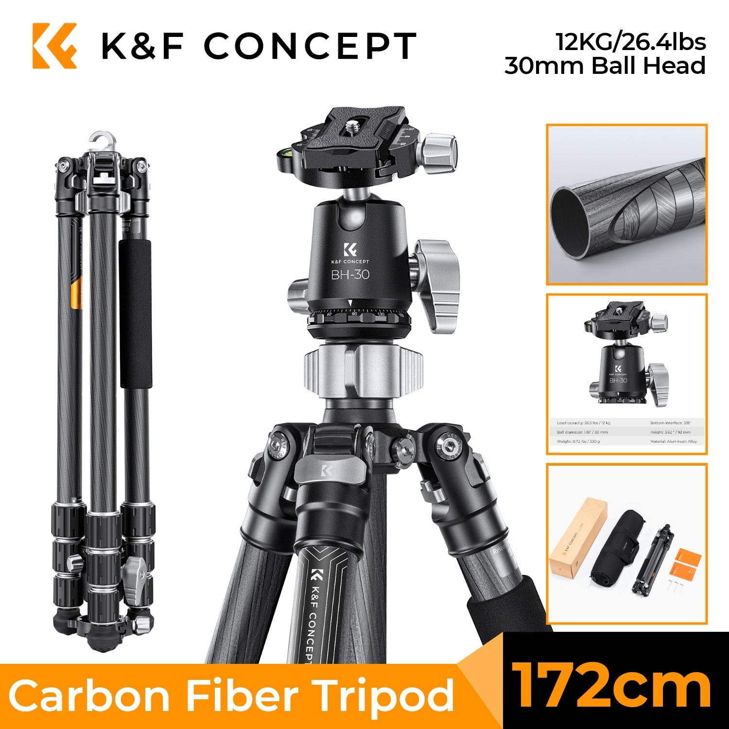 K&F CONCEPT 68in Carbon Fiber Camera Tripod Photography Tripod w/ 30mm Ball Head
