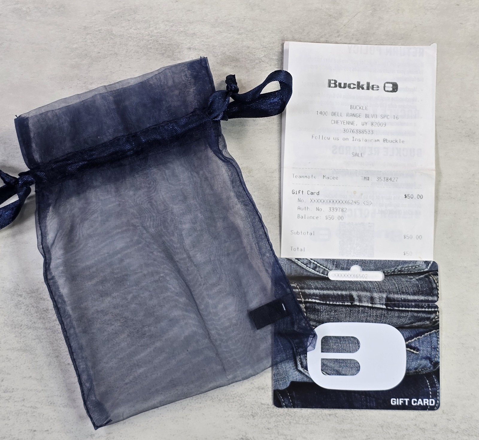 Buckle Clothing Gift Card $50 Value Receipt Blue
