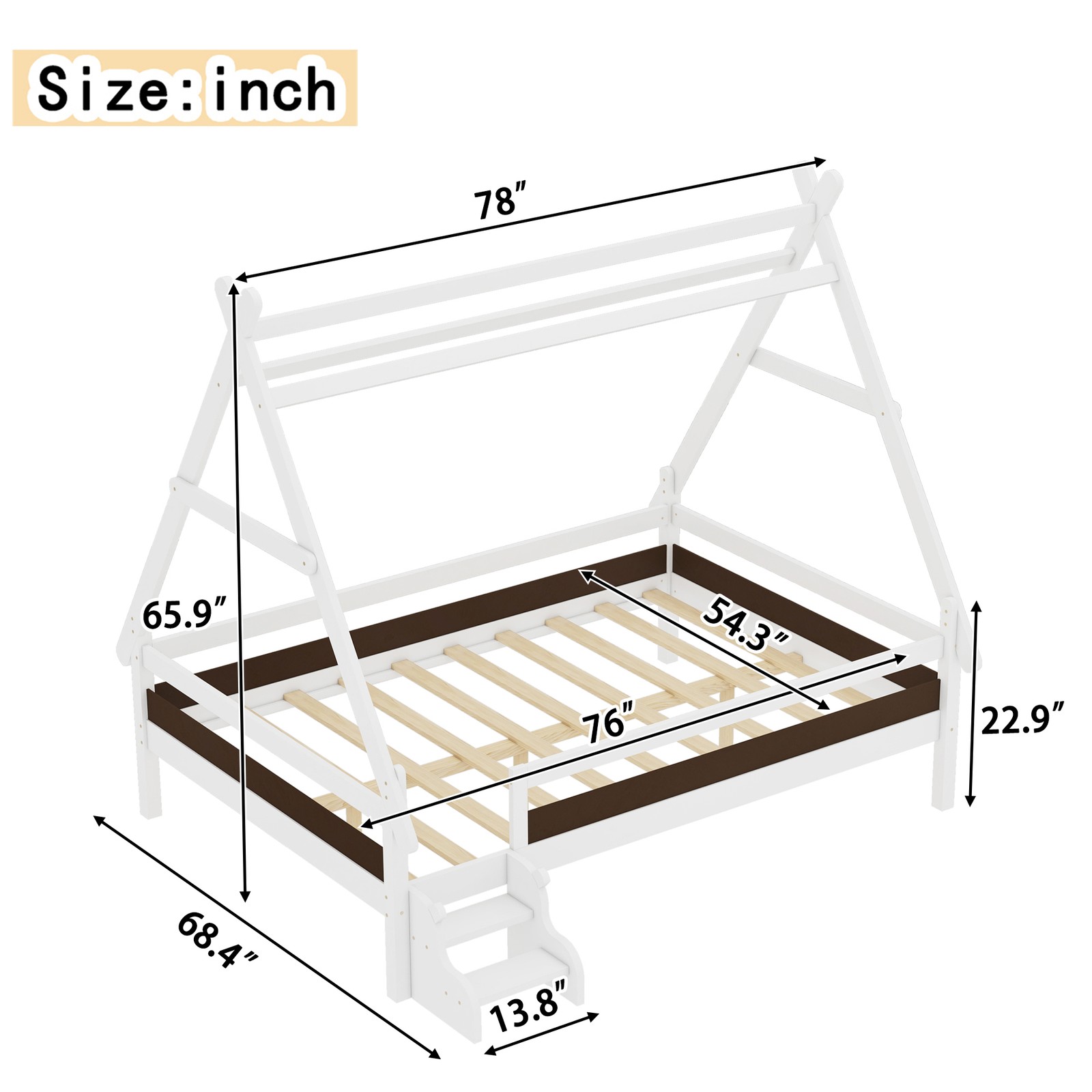 Full House Platform Bed with Stairs, Solid Wood Frame, White