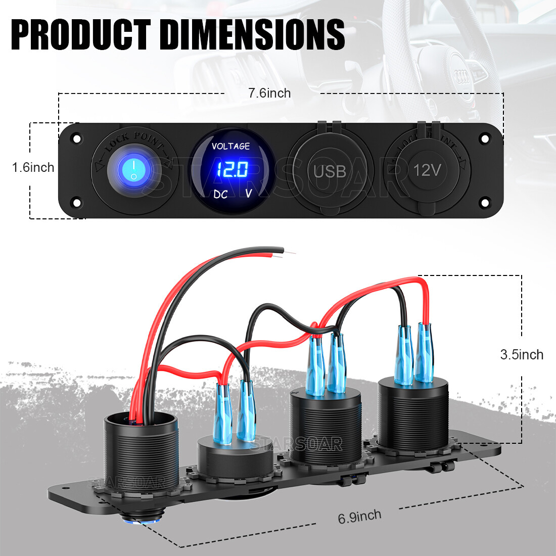4 in 1 Blue Rocker Switch Panel LED Voltmeter,Charger,USB Cigarette Lighter