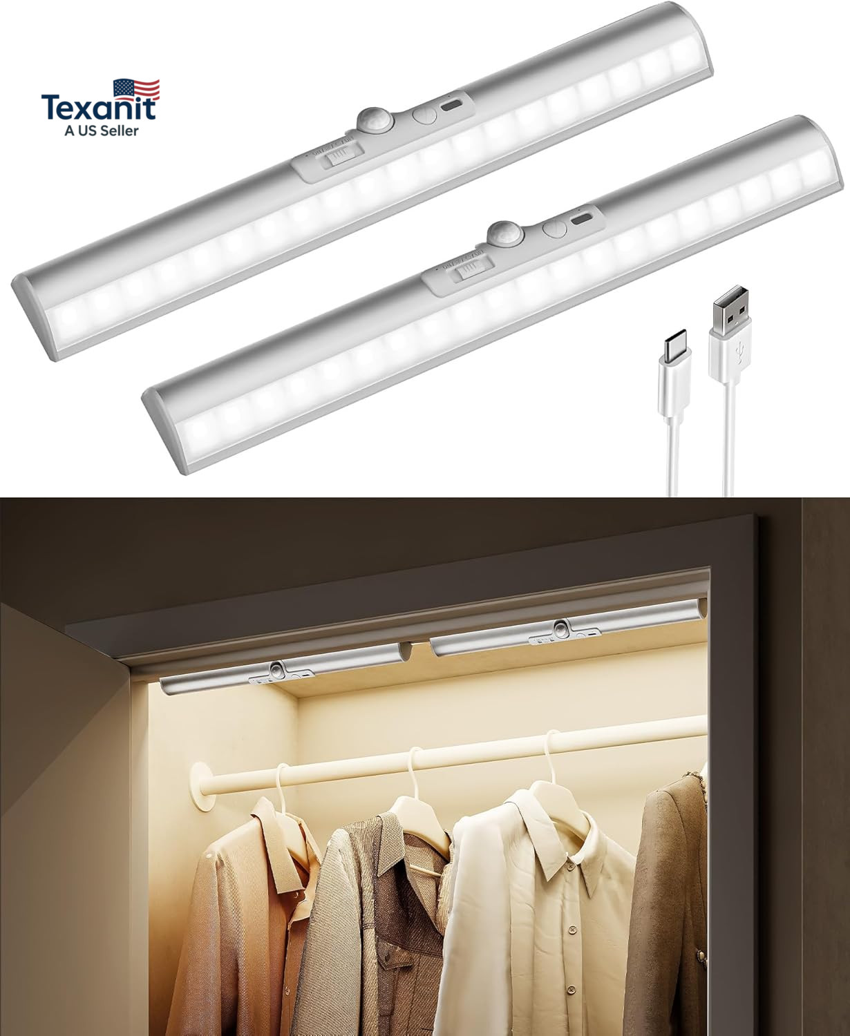13-Inch Motion Sensor Closet Lights, 2 Pack Rechargeable LED Lights with Rotatab
