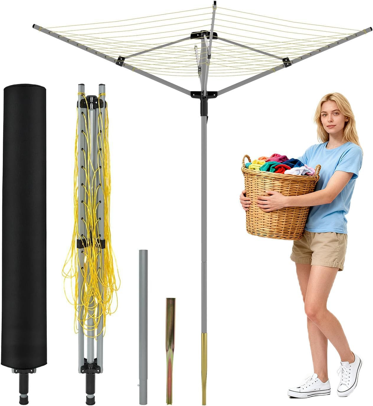165 Feet Clothesline Outdoor Umbrella Drying Rack, 4-Arm Rotary Umbrella Clothes